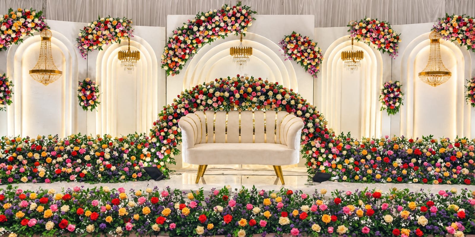 Ivory stage with floral arches and sofa