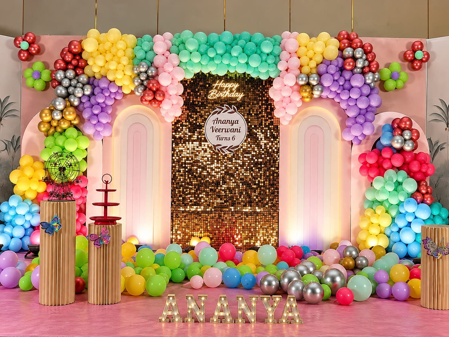 Colourful balloon and flower birthday decoration