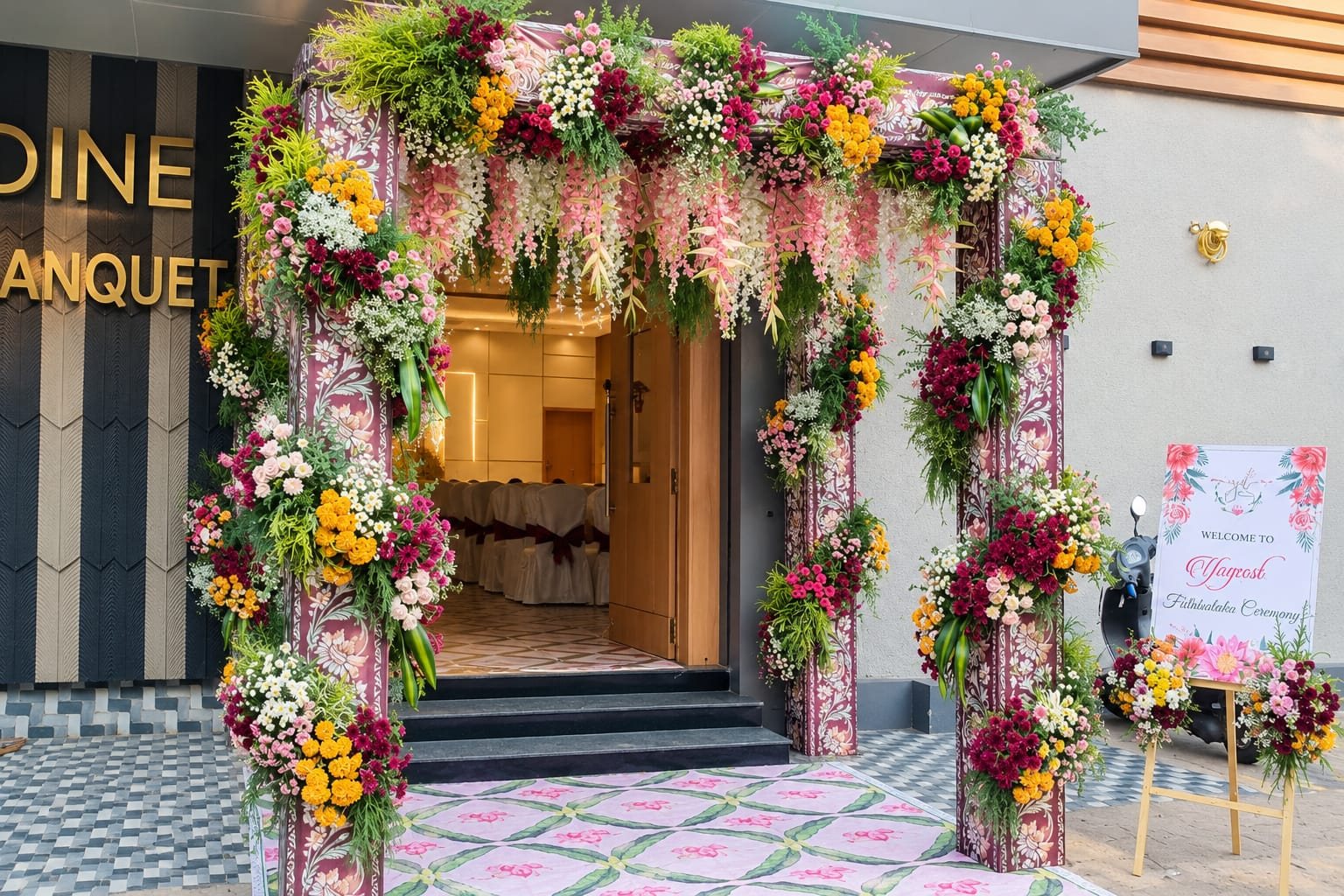Colourful floral entrance arch